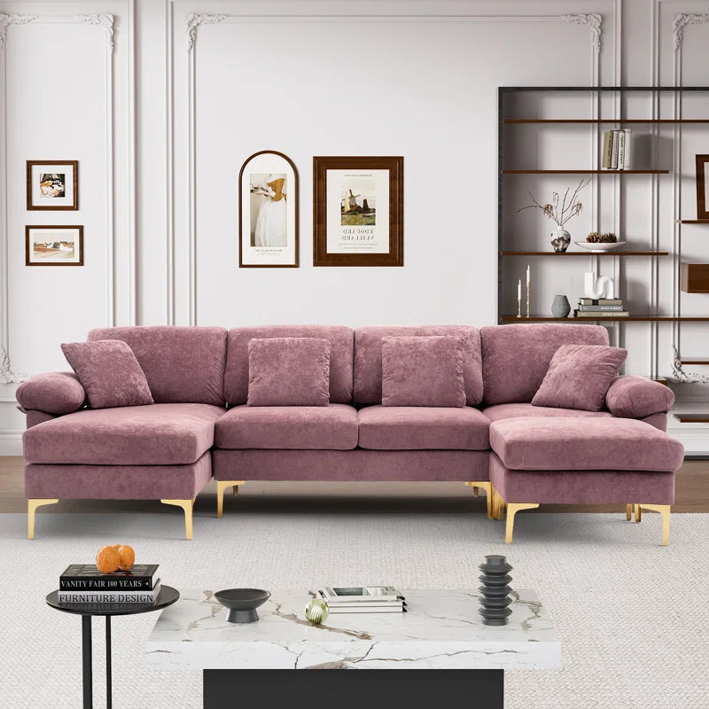 L-Shape Sectional Sofa: 4 - Piece Upholstered Sectional with Ottoman(Purple Velvet)