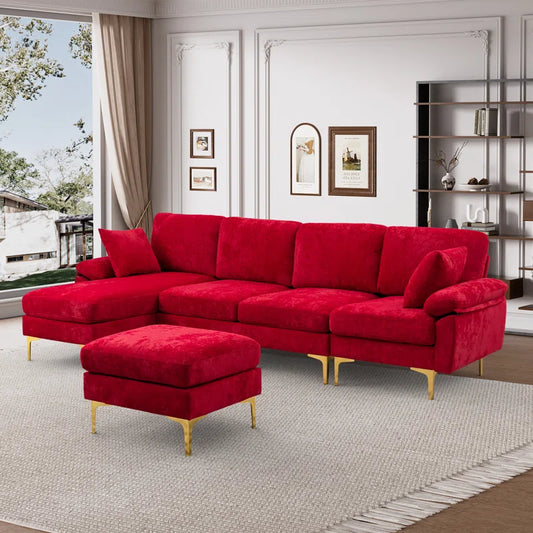 L-Shape Sectional Sofa: 4 - Piece Upholstered Sectional with Ottoman(Red Velvet)