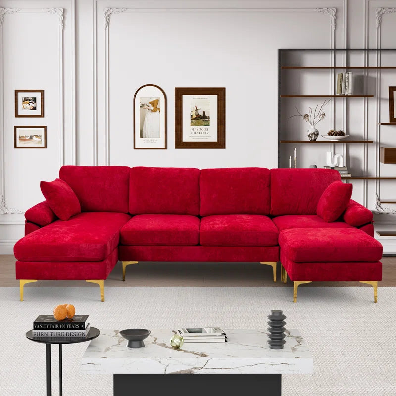 L-Shape Sectional Sofa: 4 - Piece Upholstered Sectional with Ottoman(Red Velvet)
