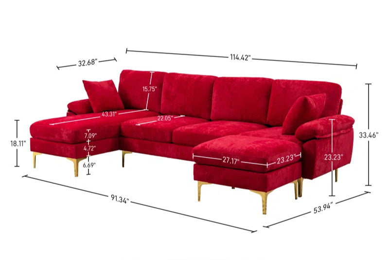 L-Shape Sectional Sofa: 4 - Piece Upholstered Sectional with Ottoman(Red Velvet)