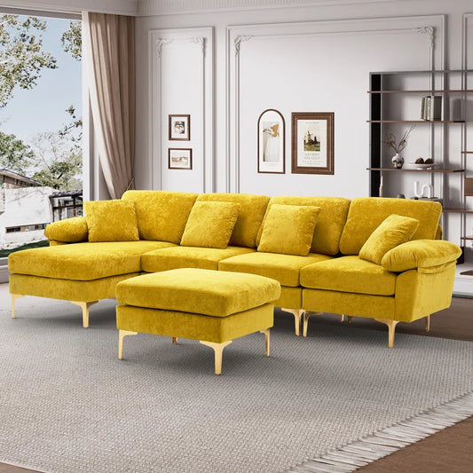 L-Shape Sectional Sofa: 4 - Piece Upholstered Sectional with Ottoman(Yellow Velvet)