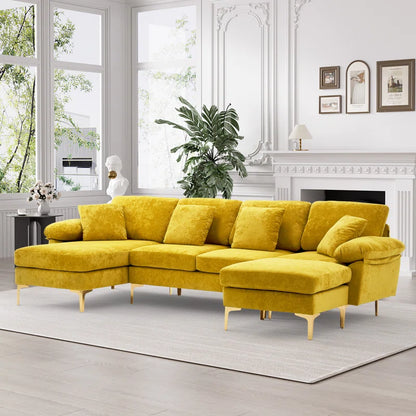 L-Shape Sectional Sofa: 4 - Piece Upholstered Sectional with Ottoman(Yellow Velvet)