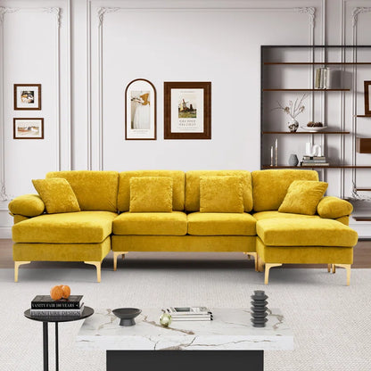 L-Shape Sectional Sofa: 4 - Piece Upholstered Sectional with Ottoman(Yellow Velvet)