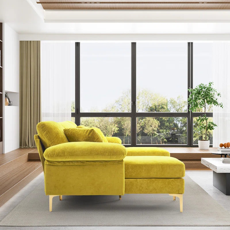 L-Shape Sectional Sofa: 4 - Piece Upholstered Sectional with Ottoman(Yellow Velvet)