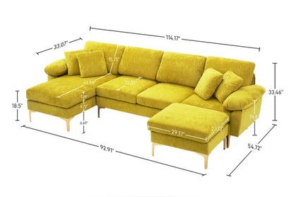 L-Shape Sectional Sofa: 4 - Piece Upholstered Sectional with Ottoman(Yellow Velvet)
