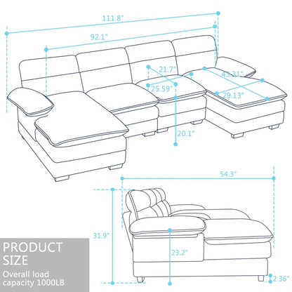 U-shape Sectional Sofa: 111.8'' Upholstered Sofa Chenille U-Shape Cloud couch(Gray Chenille)