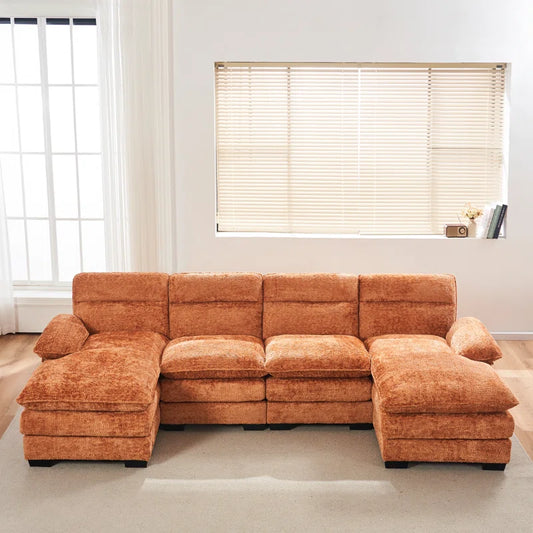 U-shape Sectional Sofa: 111.8'' Upholstered Sofa Chenille U-Shape Cloud couch(Orange Chenille)