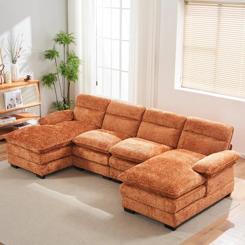 U-shape Sectional Sofa: 111.8'' Upholstered Sofa Chenille U-Shape Cloud couch(Orange Chenille)