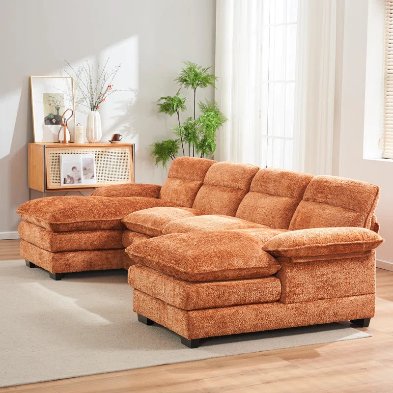 U-shape Sectional Sofa: 111.8'' Upholstered Sofa Chenille U-Shape Cloud couch(Orange Chenille)