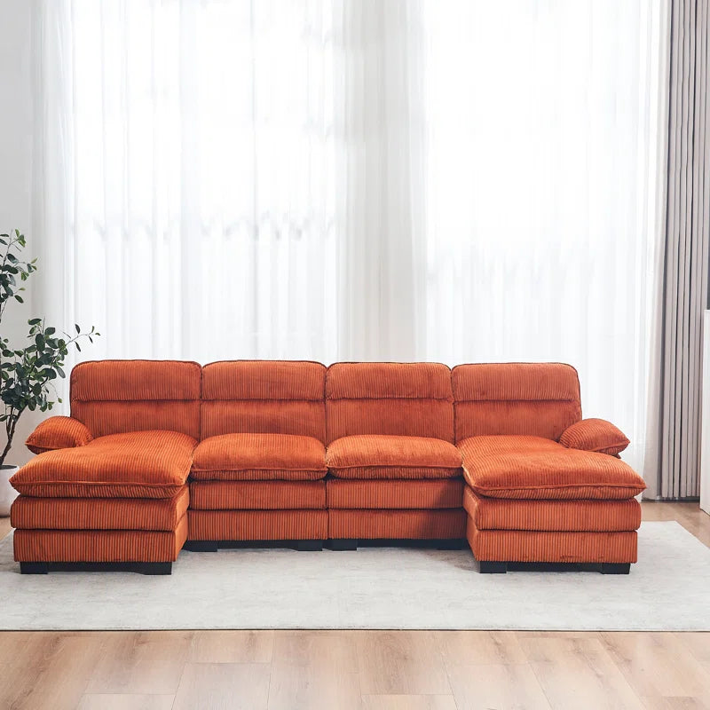U-shape Sectional Sofa: 111.8'' Upholstered Sofa Chenille U-Shape Cloud couch(Orange Corduroy)