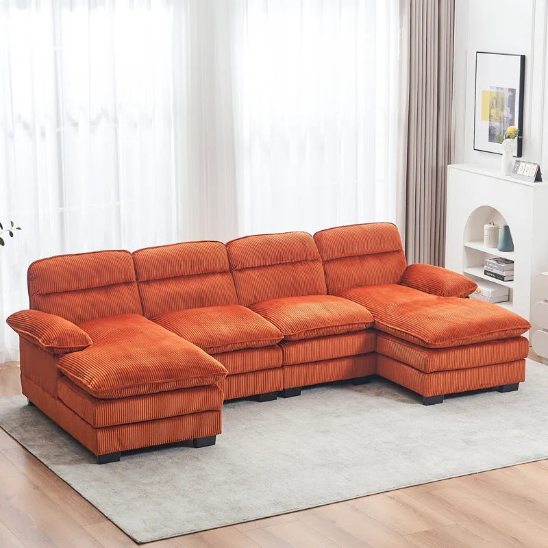 U-shape Sectional Sofa: 111.8'' Upholstered Sofa Chenille U-Shape Cloud couch(Orange Corduroy)