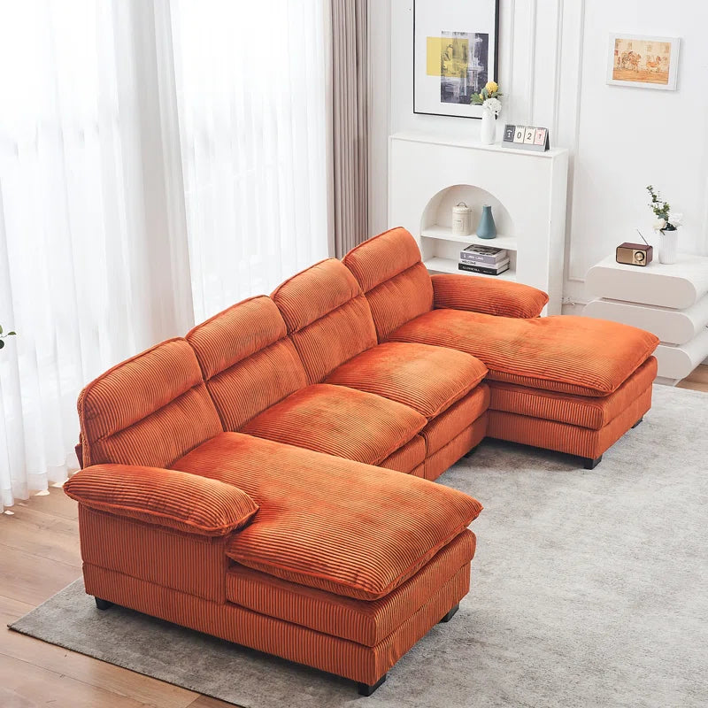 U-shape Sectional Sofa: 111.8'' Upholstered Sofa Chenille U-Shape Cloud couch(Orange Corduroy)