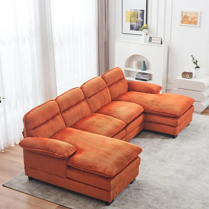 U-shape Sectional Sofa: 111.8'' Upholstered Sofa Chenille U-Shape Cloud couch(Orange Corduroy)