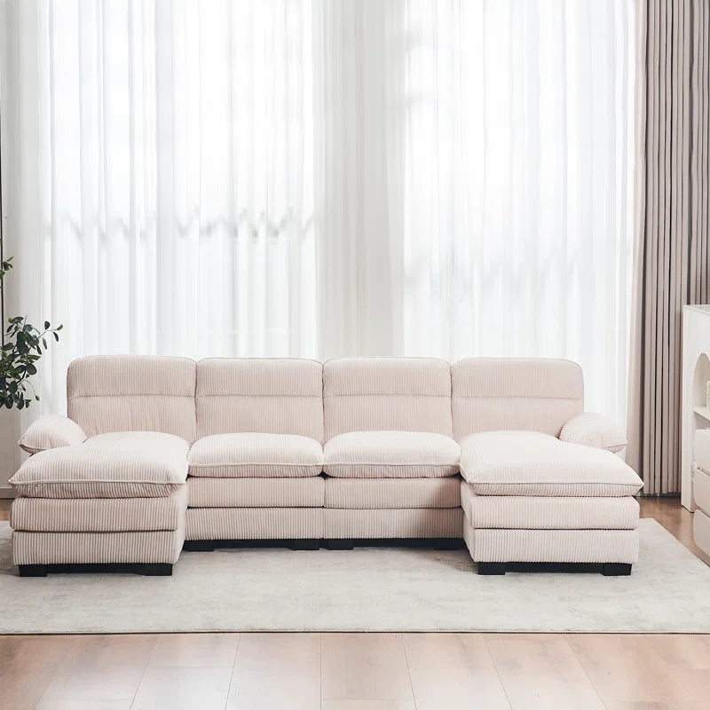 U-shape Sectional Sofa: 111.8'' Upholstered Sofa Chenille U-Shape Cloud couch(White Corduroy)