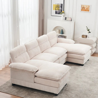 U-shape Sectional Sofa: 111.8'' Upholstered Sofa Chenille U-Shape Cloud couch(White Corduroy)