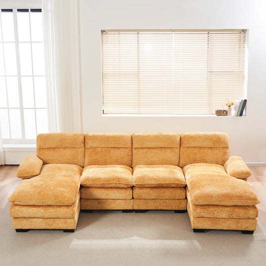 U-shape Sectional Sofa: 111.8'' Upholstery Sofa Chenille U-Shape Cloud couch(Yellow Chenille)