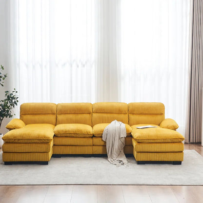 U-shape Sectional Sofa: 111.8'' Upholstered Sofa Chenille U-Shape Cloud couch(Yellow Corduroy)