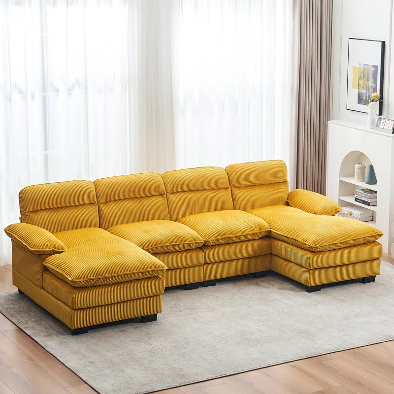 U-shape Sectional Sofa: 111.8'' Upholstered Sofa Chenille U-Shape Cloud couch(Yellow Corduroy)