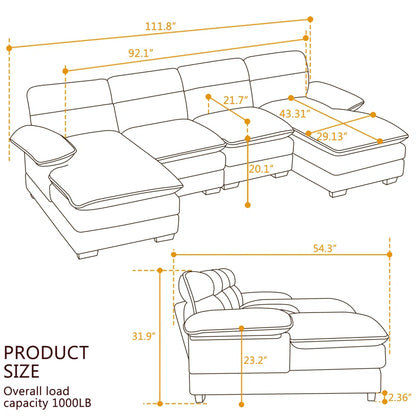 U-shape Sectional Sofa: 111.8'' Upholstered Sofa Chenille U-Shape Cloud couch(Yellow Corduroy)