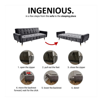 3 Seater Sofa: 83.86" Velvet Square Arm Sleeper Sofa(Opal Green)