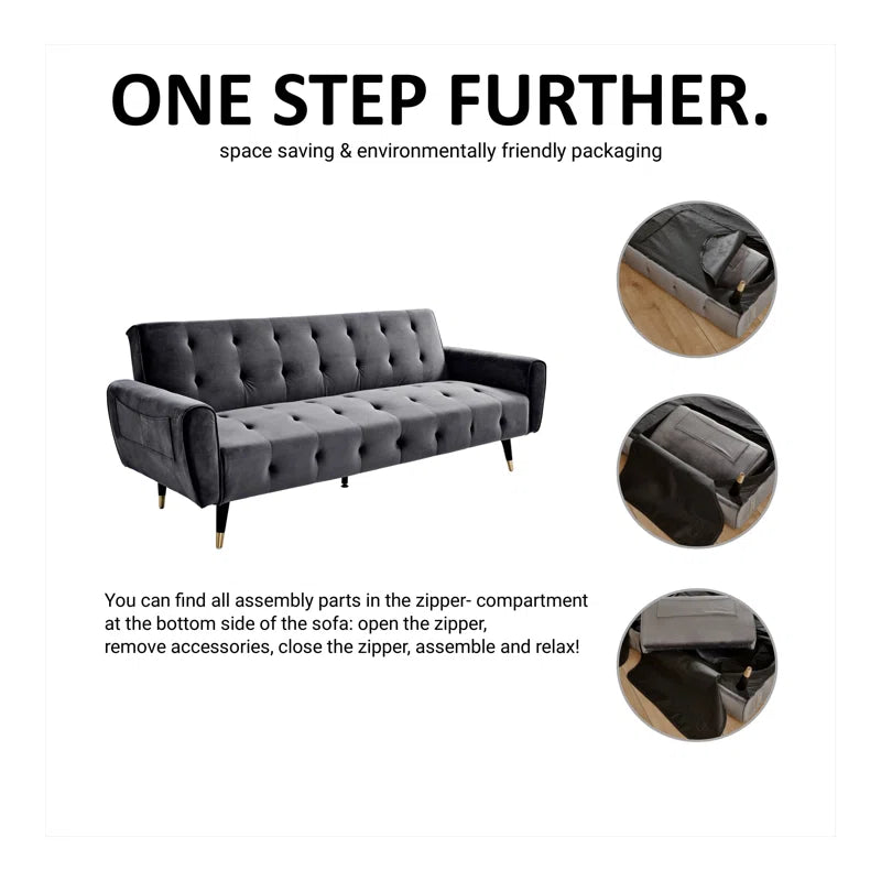 3 Seater Sofa: 83.86" Velvet Square Arm Sleeper Sofa(Opal Green)