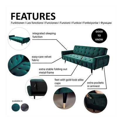 3 Seater Sofa: 83.86" Velvet Square Arm Sleeper Sofa(Opal Green)