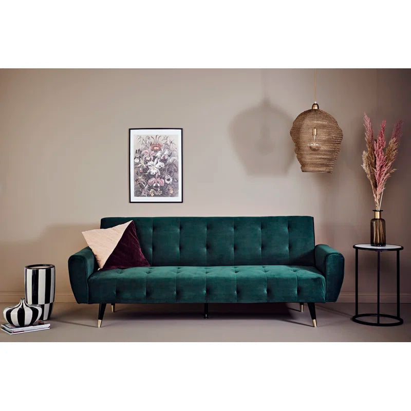 3 Seater Sofa: 83.86" Velvet Square Arm Sleeper Sofa(Opal Green)