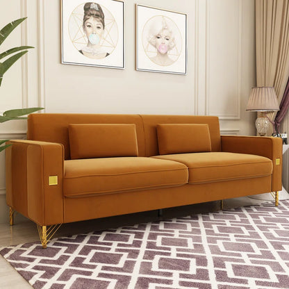 THE CASA ORO® Designer Sofa Set: 85.63" Velvet Square Arm Sofa(Orange Velvet)