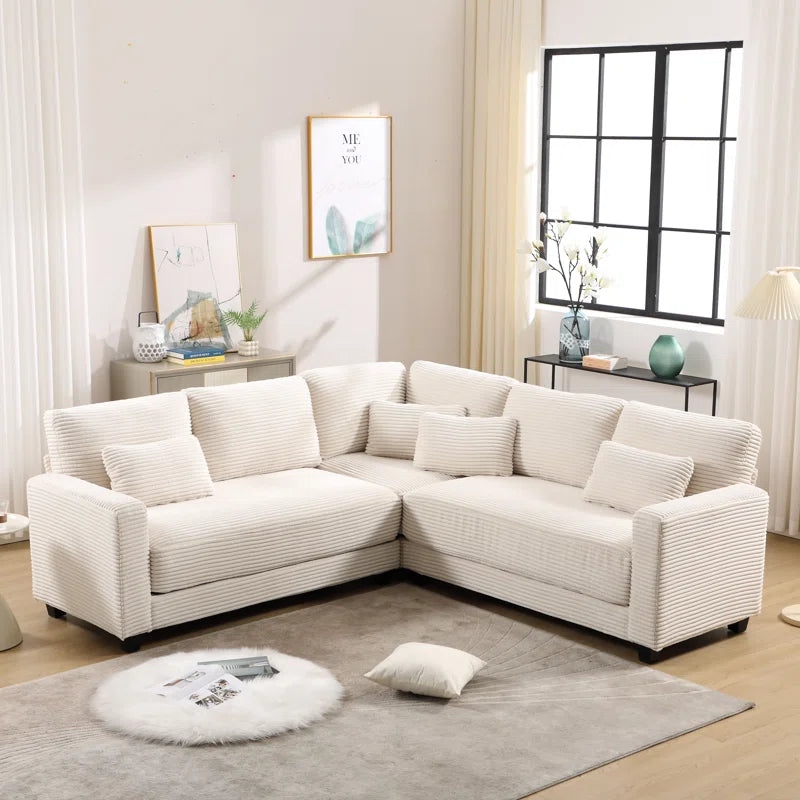 L-Shape Sectional Sofa: 92.9'' Wide Modern Corduroy With Cushioned Backrest For Living Room(White Corduroy)