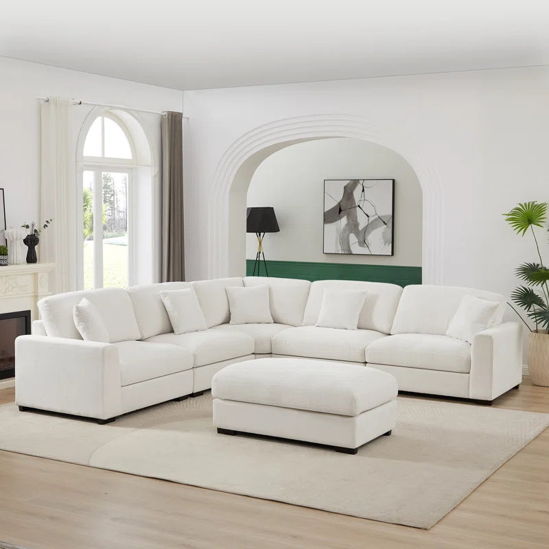 6 Piece Corner Sectional Sofa with Ottoman (White Polyester)