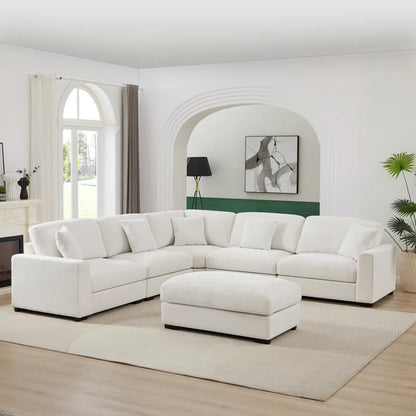 6 Piece Corner Sectional Sofa with Ottoman (White Polyester)
