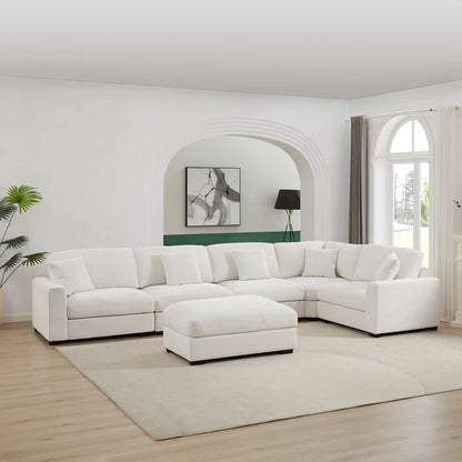 6 Piece Corner Sectional Sofa with Ottoman (White Polyester)