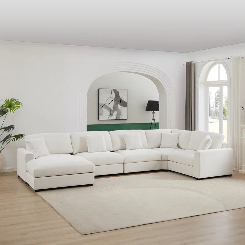 6 Piece Corner Sectional Sofa with Ottoman (White Polyester)