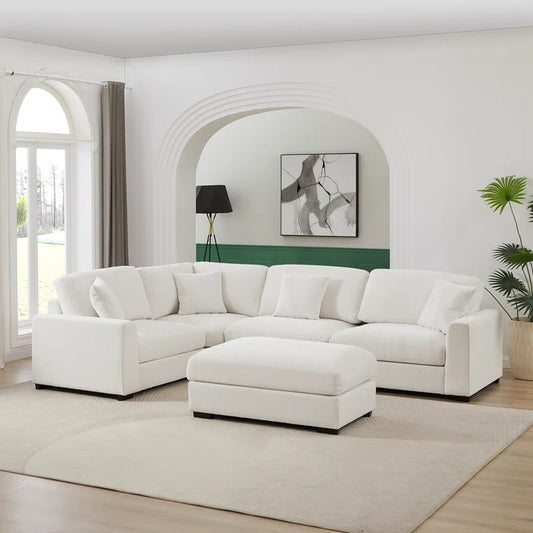 5 Piece Corner Sectional Sofa with Ottoman (White Polyester)