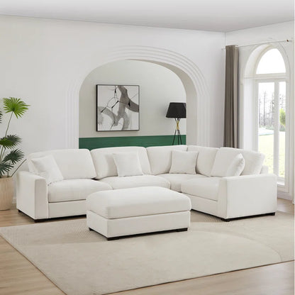 5 Piece Corner Sectional Sofa with Ottoman (White Polyester)