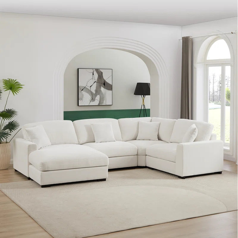5 Piece Corner Sectional Sofa with Ottoman (White Polyester)