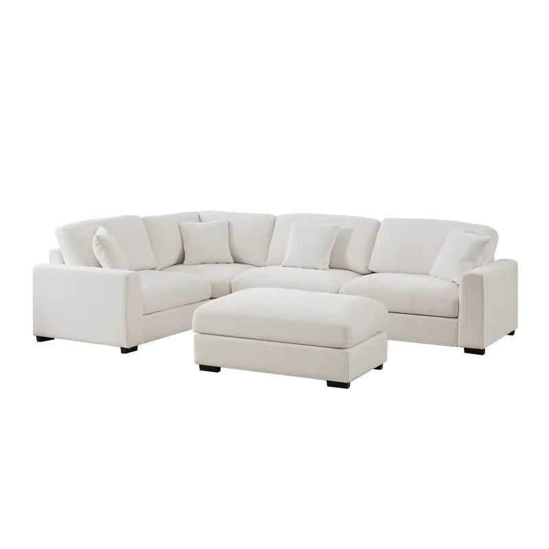 5 Piece Corner Sectional Sofa with Ottoman (White Polyester)