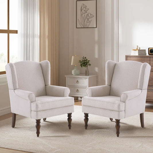 THE CASA ORO® 29'' Wide Blend of Solid and Manufactured Wood Tufted Wing Chair(Beige Polyester Blend)