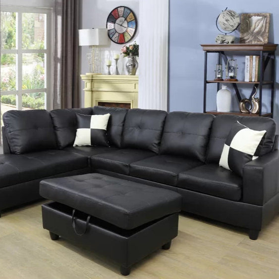 L- Shape Sectional Sofa: 103.5" Wide Faux Leather Sofa & Chaise with ottoman(Black)