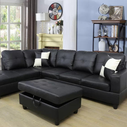 L- Shape Sectional Sofa: 103.5" Wide Faux Leather Sofa & Chaise with ottoman(Black)