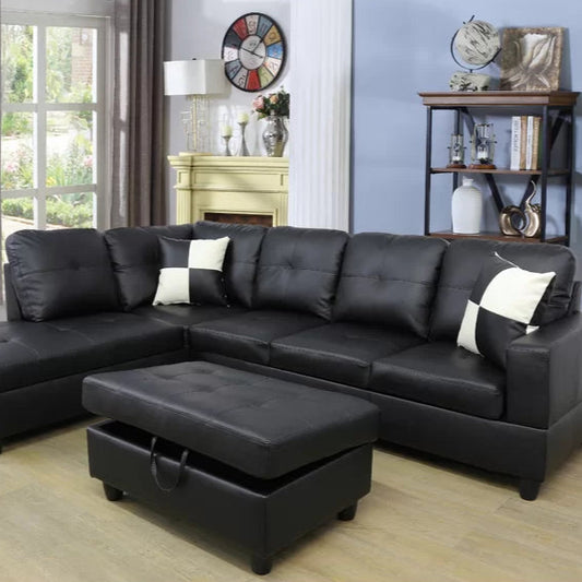 L- Shape Sectional Sofa: 103.5" Wide Faux Leather Sofa & Chaise with ottoman(Black)