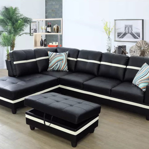 L- Shape Sectional Sofa: 103.5" Wide Faux Leather Sofa & Chaise with ottoman(Black/White)