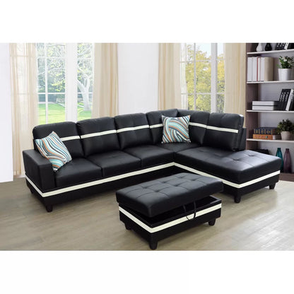 L- Shape Sectional Sofa: 103.5" Wide Faux Leather Sofa & Chaise with ottoman(Black/White)