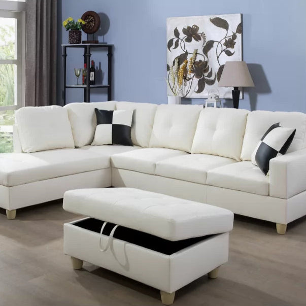 L- Shape Sectional Sofa: 103.5" Wide Faux Leather Sofa & Chaise with ottoman(Cream)