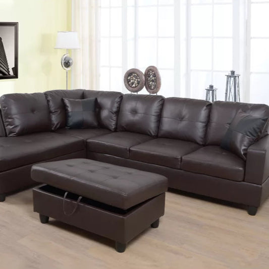 L- Shape Sectional Sofa: 103.5" Wide Faux Leather Sofa & Chaise with ottoman(Dark Chocolate)