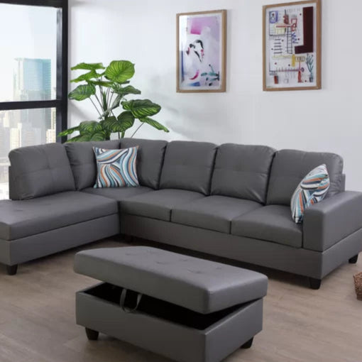 L- Shape Sectional Sofa: 103.5" Wide Faux Leather Sofa & Chaise with ottoman(Dark Gray)