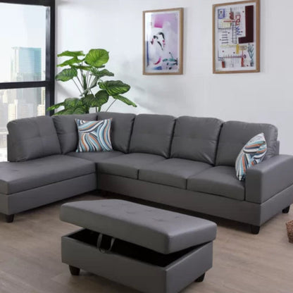 L- Shape Sectional Sofa: 103.5" Wide Faux Leather Sofa & Chaise with ottoman(Dark Gray)