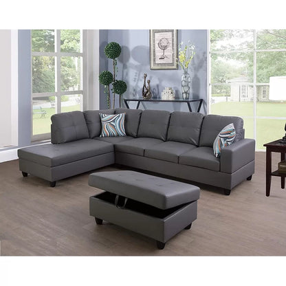 L- Shape Sectional Sofa: 103.5" Wide Faux Leather Sofa & Chaise with ottoman(Dark Gray)