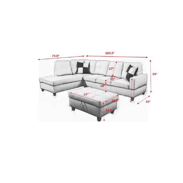 L- Shape Sectional Sofa: 103.5" Wide Faux Leather Sofa & Chaise with ottoman(Dark Gray)