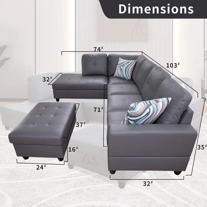 L- Shape Sectional Sofa: 103.5" Wide Faux Leather Sofa & Chaise with ottoman(Dark Gray)